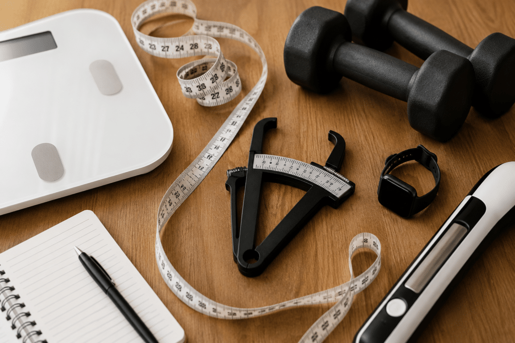BMI and body fat measurement tools including a digital scale, measuring tape, and body fat caliper